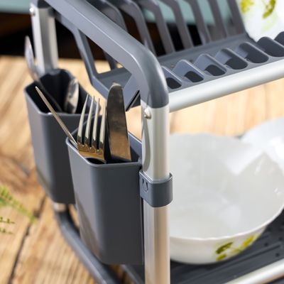 Royalford 2 layer Aluminum Dish Rack- RF12178/ Organizer for Kitchen to Keep 16 Plates, Bowls, Glasses, Cups, Cutlery/ Drying Stand with a Drain Tray, Compact and Stylish Design/ Rust-Proof and Hassle-Free Finish/ Black and Silver