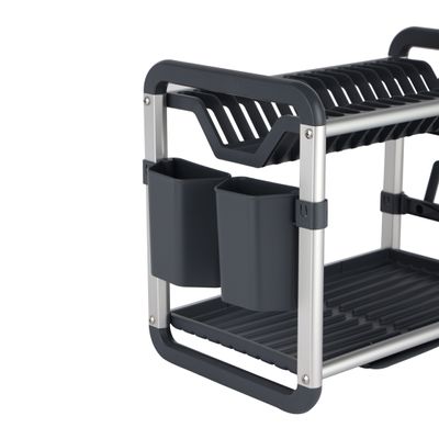 Royalford 2 layer Aluminum Dish Rack- RF12178/ Organizer for Kitchen to Keep 16 Plates, Bowls, Glasses, Cups, Cutlery/ Drying Stand with a Drain Tray, Compact and Stylish Design/ Rust-Proof and Hassle-Free Finish/ Black and Silver