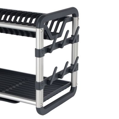 Royalford 2 layer Aluminum Dish Rack- RF12178/ Organizer for Kitchen to Keep 16 Plates, Bowls, Glasses, Cups, Cutlery/ Drying Stand with a Drain Tray, Compact and Stylish Design/ Rust-Proof and Hassle-Free Finish/ Black and Silver