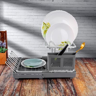 Royalford Dish Rack- RF12280/ Organizer for Kitchen to Keep Plates, Bowls, Quarter Plate, Cutlery, Cups, etc., Holds 8 Plate/ Aluminum Alloy Drying Stand with PP Drainer Board, Compact and Stylish Design/ Hassle-Free Finish, for Cabinet Shelf Organizer Countertop/ Silver and Grey