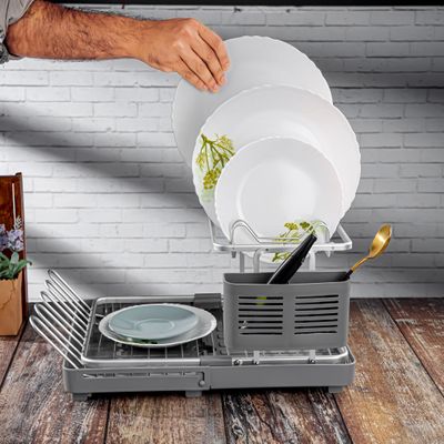 Royalford Dish Rack- RF12280/ Organizer for Kitchen to Keep Plates, Bowls, Quarter Plate, Cutlery, Cups, etc., Holds 8 Plate/ Aluminum Alloy Drying Stand with PP Drainer Board, Compact and Stylish Design/ Hassle-Free Finish, for Cabinet Shelf Organizer Countertop/ Silver and Grey