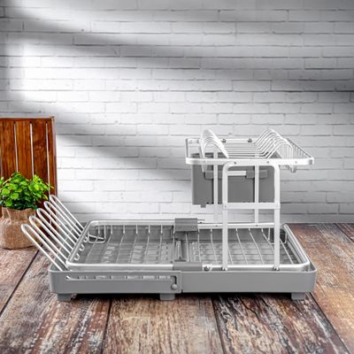 Royalford Dish Rack- RF12280/ Organizer for Kitchen to Keep Plates, Bowls, Quarter Plate, Cutlery, Cups, etc., Holds 8 Plate/ Aluminum Alloy Drying Stand with PP Drainer Board, Compact and Stylish Design/ Hassle-Free Finish, for Cabinet Shelf Organizer Countertop/ Silver and Grey