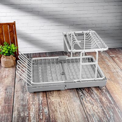 Royalford Dish Rack- RF12280/ Organizer for Kitchen to Keep Plates, Bowls, Quarter Plate, Cutlery, Cups, etc., Holds 8 Plate/ Aluminum Alloy Drying Stand with PP Drainer Board, Compact and Stylish Design/ Hassle-Free Finish, for Cabinet Shelf Organizer Countertop/ Silver and Grey