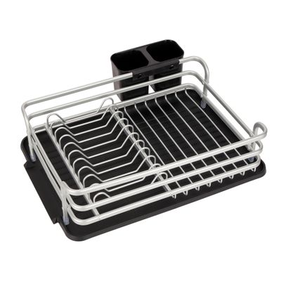 Royalford Dish Rack- RF12278/ Single Layer Organizer for Kitchen to Keep Plates, Bowls, Quarter Plate, etc., Holds 10 Plate/ Aluminum Alloy Drying Stand with PP Drainer Board, Compact and Stylish Design/ Hassle-Free Finish, for Cabinet Shelf Organizer Countertop/ Silver and Black