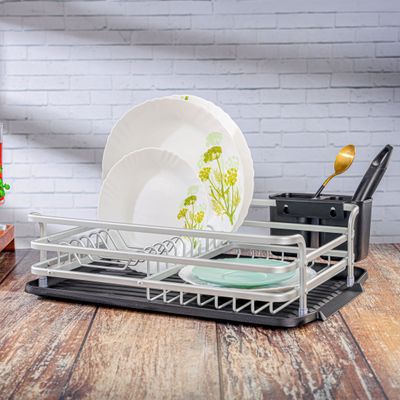 Royalford Dish Rack- RF12278/ Single Layer Organizer for Kitchen to Keep Plates, Bowls, Quarter Plate, etc., Holds 10 Plate/ Aluminum Alloy Drying Stand with PP Drainer Board, Compact and Stylish Design/ Hassle-Free Finish, for Cabinet Shelf Organizer Countertop/ Silver and Black