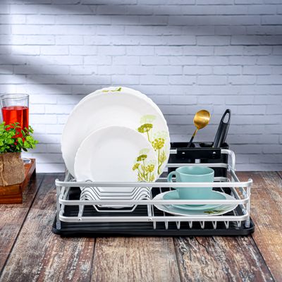 Royalford Dish Rack- RF12278/ Single Layer Organizer for Kitchen to Keep Plates, Bowls, Quarter Plate, etc., Holds 10 Plate/ Aluminum Alloy Drying Stand with PP Drainer Board, Compact and Stylish Design/ Hassle-Free Finish, for Cabinet Shelf Organizer Countertop/ Silver and Black