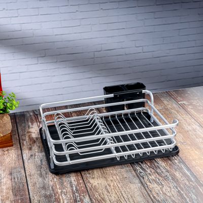 Royalford Dish Rack- RF12278/ Single Layer Organizer for Kitchen to Keep Plates, Bowls, Quarter Plate, etc., Holds 10 Plate/ Aluminum Alloy Drying Stand with PP Drainer Board, Compact and Stylish Design/ Hassle-Free Finish, for Cabinet Shelf Organizer Countertop/ Silver and Black