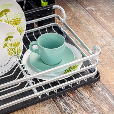 Royalford Dish Rack- RF12278/ Single Layer Organizer for Kitchen to Keep Plates, Bowls, Quarter Plate, etc., Holds 10 Plate/ Aluminum Alloy Drying Stand with PP Drainer Board, Compact and Stylish Design/ Hassle-Free Finish, for Cabinet Shelf Organizer Countertop/ Silver and Black