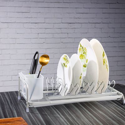 Royalford Dish Rack- RF12279/ Single Layer Organizer for Kitchen to Keep Plates, Bowls, Quarter Plate, Cutlery, etc., Holds 11 Plate/ Aluminum Alloy Drying Stand with PP Drainer Board, Compact and Stylish Design/ Hassle-Free Finish, for Cabinet Shelf Organizer Countertop/ White