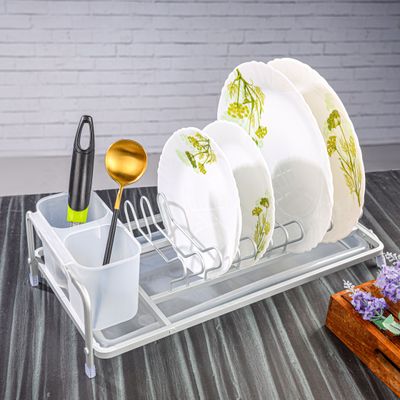 Royalford Dish Rack- RF12279/ Single Layer Organizer for Kitchen to Keep Plates, Bowls, Quarter Plate, Cutlery, etc., Holds 11 Plate/ Aluminum Alloy Drying Stand with PP Drainer Board, Compact and Stylish Design/ Hassle-Free Finish, for Cabinet Shelf Organizer Countertop/ White