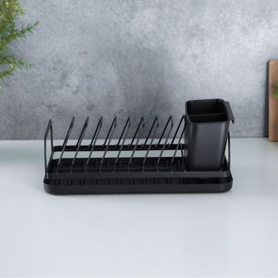 Royalford Dinky Dish Rack- RF12445/ Organizer for Kitchen to Keep Plates and Cutlery, Holds 8 Plate/ Iron Drying Stand with Drain Board, Compact and Stylish Design/ Hassle-Free Finish, for Cabinet Shelf Organizer Countertop/ Black