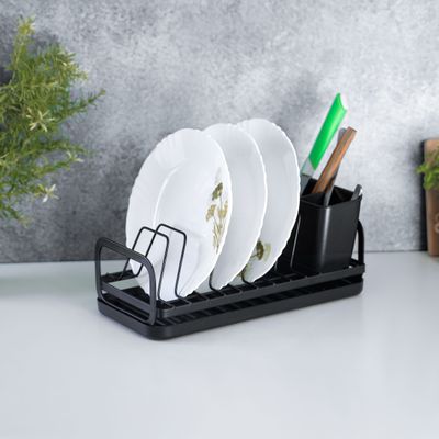 Royalford Dinky Dish Rack- RF12445/ Organizer for Kitchen to Keep Plates and Cutlery, Holds 8 Plate/ Iron Drying Stand with Drain Board, Compact and Stylish Design/ Hassle-Free Finish, for Cabinet Shelf Organizer Countertop/ Black