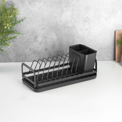 Royalford Dinky Dish Rack- RF12445/ Organizer for Kitchen to Keep Plates and Cutlery, Holds 8 Plate/ Iron Drying Stand with Drain Board, Compact and Stylish Design/ Hassle-Free Finish, for Cabinet Shelf Organizer Countertop/ Black