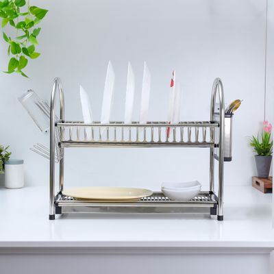 Royalford RF10065 2 Layer Stainless Steel Dish Rack - Large Capacity Rack with Removable Drip Tray | Perfect to Keep Plates, Bowls, Glasses, Cups & More