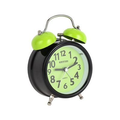 Krypton Alarm Clock- KNWC6586/ Double Bell with Light, Heavy Sleep Wake Up, Super Loud/ Plastic Case, Ideal for Home, Living, Kids Room, etc./ Black and Green, 2 Years Warranty