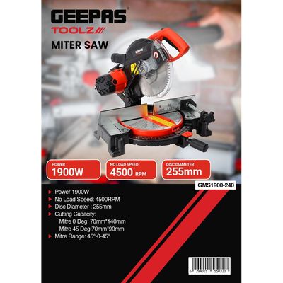 Geepas Toolz 255 MM Miter Saw- GMS1900-240| 1900 W Power, High-Quality for Durability, Ergonomically Designed| 4500 RPM No Load Speed, Heavy Duty Cutting Tool Ideal for Wood Working| Black and Red