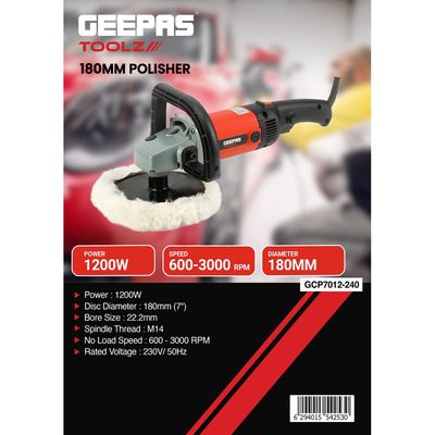 Geepas Toolz 180 MM Polisher- GCP7012-240| 1200 W and 600-3000 RPM| Perfect for Home and Business| M14 Spindle Thread, D-Shaped Handle for Comfortable Grip| Ergonomic Design and Lightweight Body| Ideal for Cars, SUVs, Boats, Tiles| Black and Red