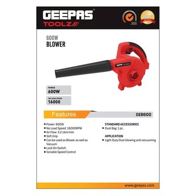 Geepas Geepas Electric Blower- GEB600-240| 16000 RPM No Load Speed, Perfect For Home And Business Use| 3.2 M3/Min Airflow, Comfortable Grip| Ergonomic Design And Lightweight Body| Ideal For Dust, Debris And Leaves | Black and Red