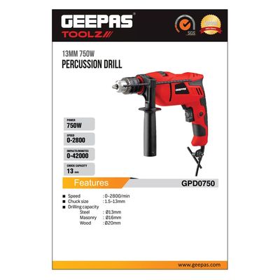 Geepas GPD0750 13mm Percussion Drill 750W- Selector for Masonry, Brick, Metal, Wood & More - | 13mm Chuck - Support Handle, Lock-On Switch, Depth Gauge with Impact Function & 2800RPM