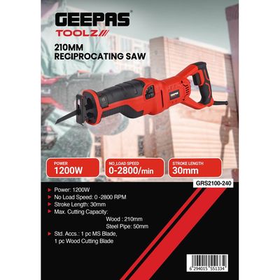 Geepas Toolz 210 MM Reciprocating Saw- GRS2100-240| 1200 W Power, High-Quality for Durability, Ergonomically Designed| 0-2800/Min No Load Speed, 30 MM Stroke Length| Heavy Duty Cutting Ideal for Wood, Steel Pipes| Black and Red