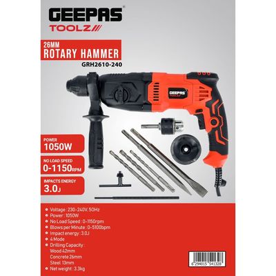 26mm Rotary Hammer, Hammer with SDS plus, GRH2610-240 | 4 Function and Adjustable Soft Grip Handle | Point and Flat Chisel | Heavy Duty Rotary Hammer Drill