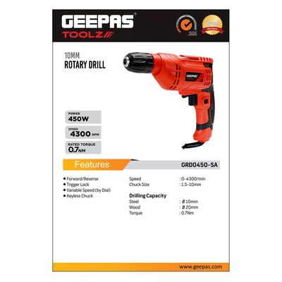 Geepas Percussion Drill 450W- Selector for Masonry, Brick, Metal, Wood & More - | Support Handle, Lock-On Switch, Depth Gauge & 4300RPM | Ideal for construction site workers, carpenters, professionals & DIYers