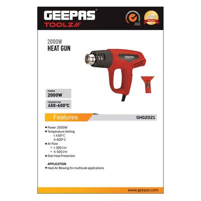 Geepas Heat Gun- GHG2021-240| 2000 W, Temperature 450 And 600 Degree Celsius, Two Airflow 300 And 500 L/Min| Perfect For Home And Business Use| Comfortable Grip, Ergonomic Design, Lightweight Body| Ideal For Removing, Drying Paint Coats, Remolding Adhesives, Shrink Wrapping, Etc| Black And Red