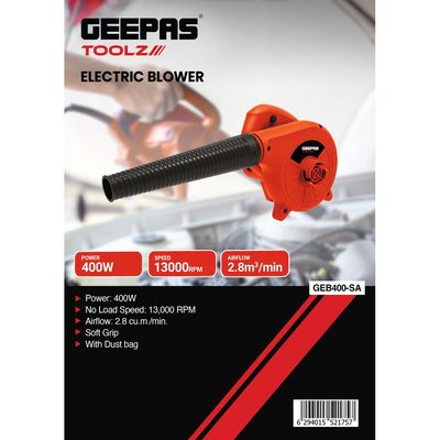 Geepas Electric Blower- GEB400-SA| 13000 RPM No Load Speed, Perfect For Home And Business Use| 2.8 M3/Min Airflow, Comfortable Grip| Ergonomic Design And Lightweight Body| Ideal For Dust, Debris And Leaves | Black and Red