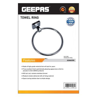 Geepas Towel Ring- GSW61098| Stainless Steel Ring, Rust-Free| Perfect for Hanging Towels, Hand Towels, Small Bags| Long-Lasting and Ready to Install| Silver, 1-Year Warranty