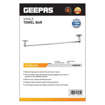 Geepas Single Towel Bar - Stainless Steel Material with 8 Kg Holding Capacity | Easy to Install | Towel Bar Rack for Bathroom Kitchen Cabinet | Toilet Accessories Wall Mount | 1 Year Warranty