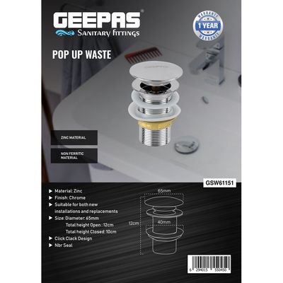 Geepas Pop Up Waste Valve- GSW61151| Zinc Pop Up Waste Valve For Sinks and Basins| Chrome Plated, Click-Clack Design| Suitable for both New Installations and Replacements| Silver, One Year Warranty 