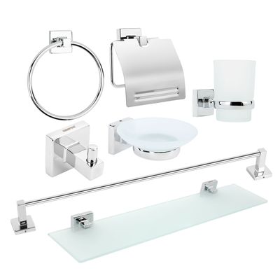 Geepas Bath Accessories Set- GSW61704| 7 Piece Set includes Towel Bar, Glass Shelf, Robe Hook, Tumbler Holder, Soap Holder, Toilet Paper Holder and Towel Ring| High-Grade Stainless Steel, Minimalist Design and Rust-Free| Easy Installation and Includes Complete Product will Fixtures| Silver