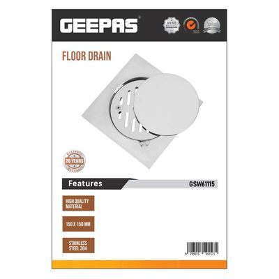 Geepas Round Floor Drain- GSW61115| High-Quality Stainless Steel Drain with Lid| Waste Water Drain for Bathroom, Kitchen| 150X150 MM| 20 Years Warranty| Silver