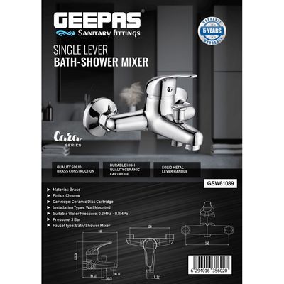 Geepas Single Lever Bath-Shower Mixer, Chrome Finish Tap, GSW61089 | Solid Brass Construction | Stainless Steel Bathroom, Shower, Tub Faucet Wall-Mounted