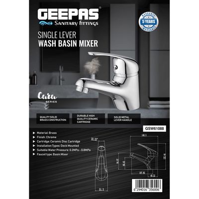 Geepas Cara Single Lever Sink Mixer, Brass Construction, GSW61088 | Ceramic Cartridge Single Hole | 0.2MPa to 0.8MPa Water Pressure | Ideal for Wash Basin Bathroom & Lavatory