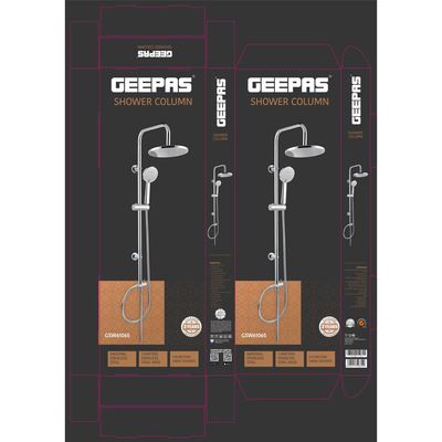 Geepas Bella Shower Column- GSW61065| 3 Function, 1.5 M Stainless Steel Hose| High-Quality Material Bathroom Shower Set, Chrome Plated| 1/2" Standard Connector| Includes a Sliding Bar, 2 Wall Brackets, a Shower Holder, a Hand Shower, an Overhead Shower and Shower Hose| 3 Year Warranty 