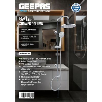 Geepas Bella Shower Column- GSW61065| 3 Function, 1.5 M Stainless Steel Hose| High-Quality Material Bathroom Shower Set, Chrome Plated| 1/2" Standard Connector| Includes a Sliding Bar, 2 Wall Brackets, a Shower Holder, a Hand Shower, an Overhead Shower and Shower Hose| 3 Year Warranty 