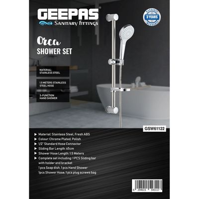 Geepas Orca Shower Set- GSW61122| High-Quality Material Bathroom Shower Set, Chrome Plated| " Standard Hose Connector, Includes a Sliding Bar with Holder and Bracket, a Soap Dish, a Hand Shower, a Shower Hose and a Plug | 3-Year Warranty 