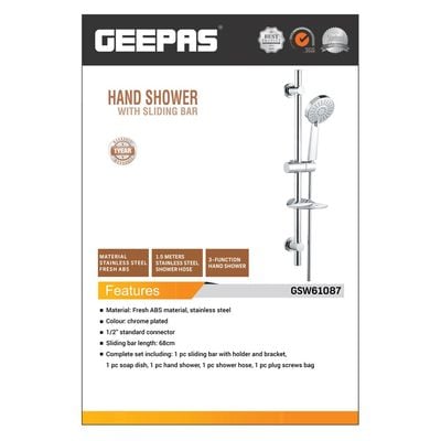 Geepas Hand Shower with Sliding Bar - Portable Handheld Shower Head Bathroom | 3-Setting Handheld Sprayer with 1.5 Shower Hose Bathroom Shower Faucet Set with Slide Bar | 1 Year Warranty