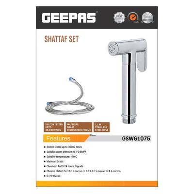 Geepas Shattaf Set- GSW61075| Soft Spray, Non-Stop Water Jet With Easy to use Mechanism, Switch Tested Up to 30000 Times| High-Quality Brass Material And High Grade Chrome, 1/2" Standard Connector| For Bathroom, Garden Use| Silver