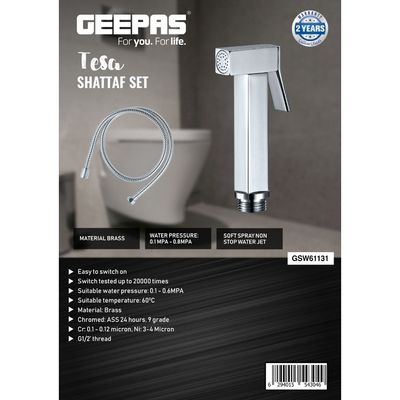 Geepas Tesa Shattaf Set- GSW61131| Soft Spray Non-Stop Water Jet with Easy Switch On| High-Quality Brass Material, G1/2" Thread| Suitable Water Temperature- 60-Degrees Celsius| For Bathroom Use| Silver