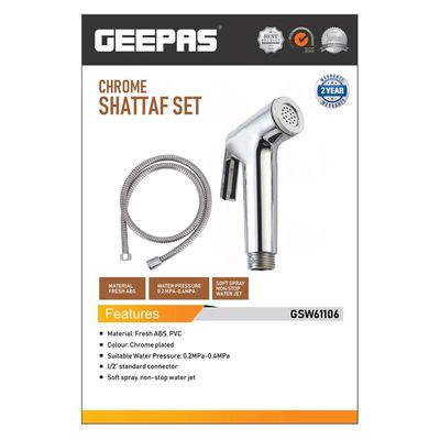 Geepas Chrome Shattaf Set- GSW61106| Soft Spray, Non-Stop Water Jet With Easy to use Mechanism| High-Quality ABS Material And High Grade Chrome, 1/2" Standard Connector| For Bathroom Use| Silver, 2-Year Warranty