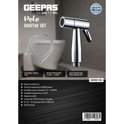 Geepas Polo Shattaf Set- GSW61130| Soft Spray Non-Stop Water Jet with Easy Switch On| High-Quality ABS Material, G1/2" Thread| Suitable Water Temperature- 60-Degrees Celsius| For Bathroom Use| Silver