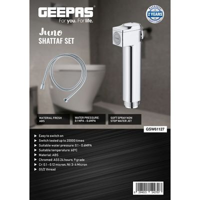 Geepas Juno Shattaf Set- GSW61127| Soft Spray Non-Stop Water Jet with Easy Switch On| High-Quality ABS Material, G1/2" Thread| Suitable Water Temperature- 60-Degrees Celsius| For Bathroom Use| Silver