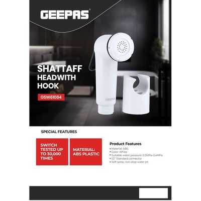 Geepas Shataf Head with Hook- GSW61084| Toilet Bidet Sprayer Head, Bathroom Shower Bidet Multi-function for Baby Cloth Diaper Sprayer, Quick Sprayer, Pets Shower | Simple Installation, Outstanding Hygiene | White