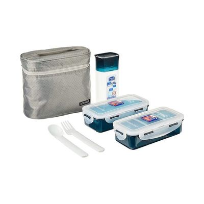 LocknLock 3PC Insulated Lunch Bag Set - Grey, Airtight and BPA-Free Containers with Water Bottle