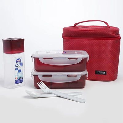 LocknLock 3PC Insulated Lunch Bag Set - Red, Airtight and BPA-Free Containers with Water Bottle
