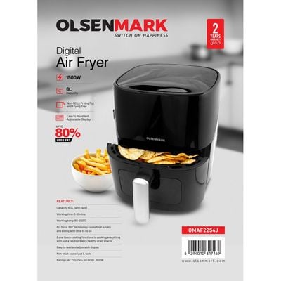 1- AIR FRYER Oil Free Fryer with Cool Touch Handle, non stick frying pot and tray, easy to read and adjustable display 6 L 1500 W OMAF2254J Black/White