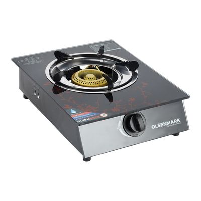 Gas Cooker Glass Top Single Brass Burner with Enamel Grate and Stainless-Steel Drip Pan, Low Energy Consumption and Efficient, Auto Ignition System OMK2226Z Black/Silver/Red