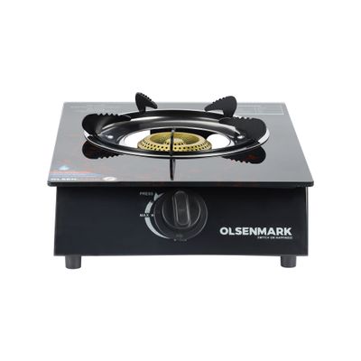 Gas Cooker Glass Top Single Brass Burner with Enamel Grate and Stainless-Steel Drip Pan, Low Energy Consumption and Efficient, Auto Ignition System OMK2226Z Black/Silver/Red